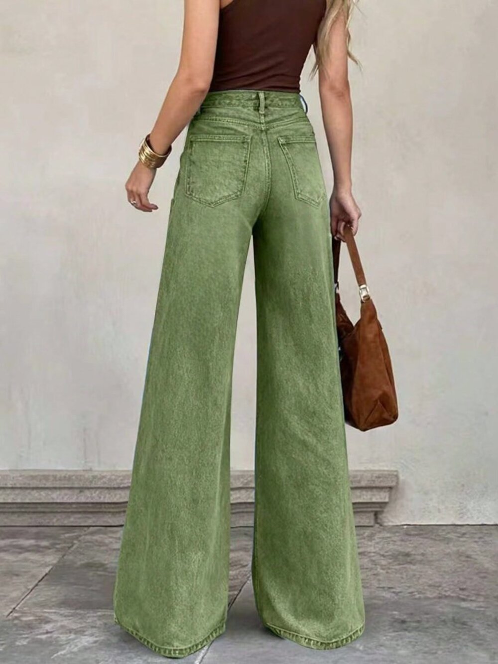 Green Bohemian Women's Army Denim Wide Leg High Waist Medium Stretch Pants - Picture 2 of 7